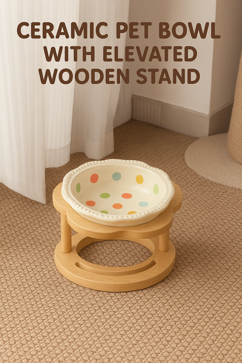 Ceramic Pet Bowl with Elevated Wooden Stand