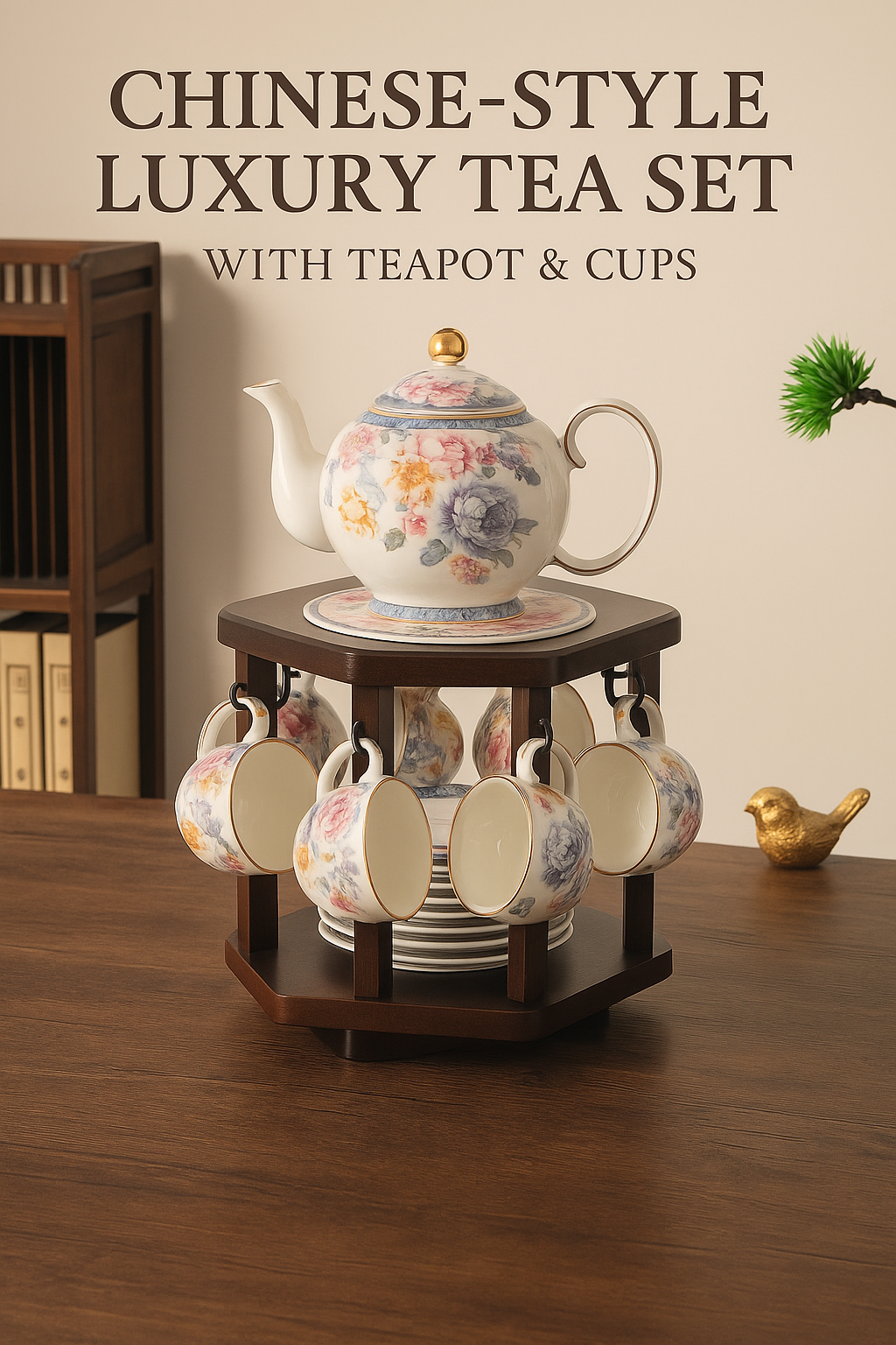 Chinese-Style Luxury Tea Set with Teapot & Cups