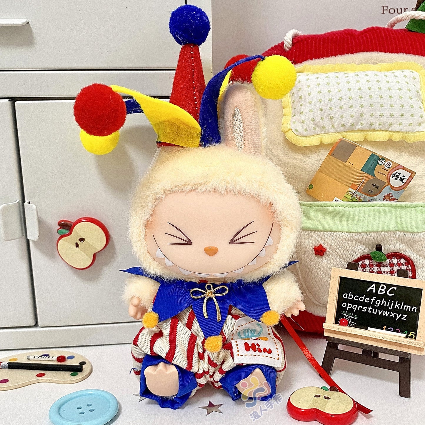 Colorful Clown Costume for Labubu Doll โ Handmade Outfit with Hat | Pop Mart Bunny Clothes | 17cm Doll Clothing Set | Kawaii Festival Style