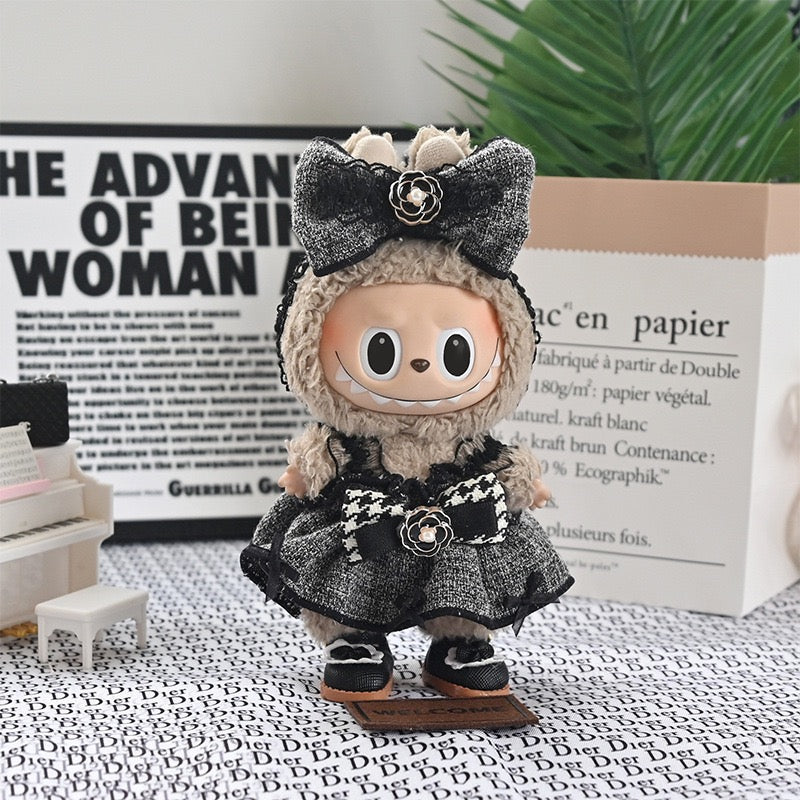 Elegant Black & White Tweed Dress for Labubu | Handmade 17cm Pop Mart Doll Clothes | Vintage Lolita Style Outfit | Doll Fashion Accessories