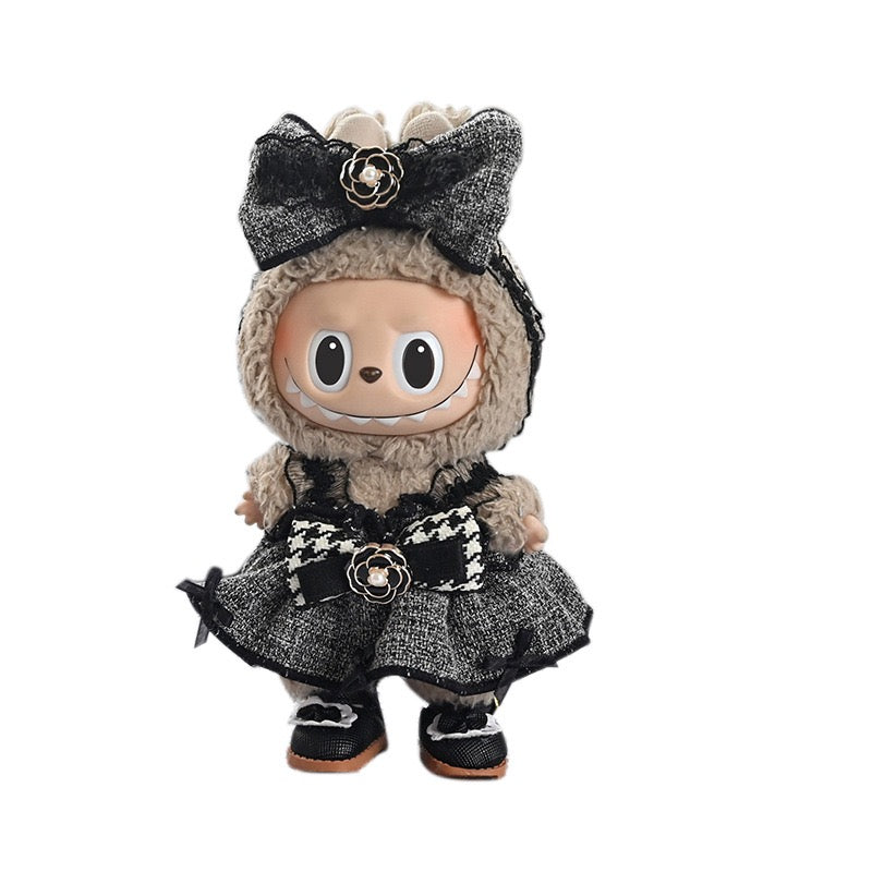 Elegant Black & White Tweed Dress for Labubu | Handmade 17cm Pop Mart Doll Clothes | Vintage Lolita Style Outfit | Doll Fashion Accessories