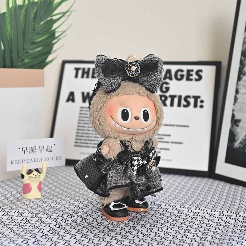 Elegant Black & White Tweed Dress for Labubu | Handmade 17cm Pop Mart Doll Clothes | Vintage Lolita Style Outfit | Doll Fashion Accessories