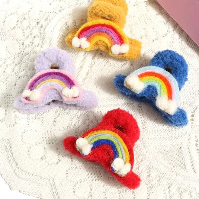 Fuzzy Rainbow Hair Claw Clip โ Colorful Soft Cloud Clasp for Girls, Cute UK Pride Accessory, Kawaii Hair Clamp