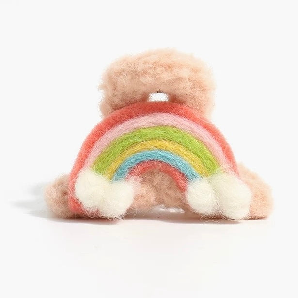 Fuzzy Rainbow Hair Claw Clip โ Colorful Soft Cloud Clasp for Girls, Cute UK Pride Accessory, Kawaii Hair Clamp