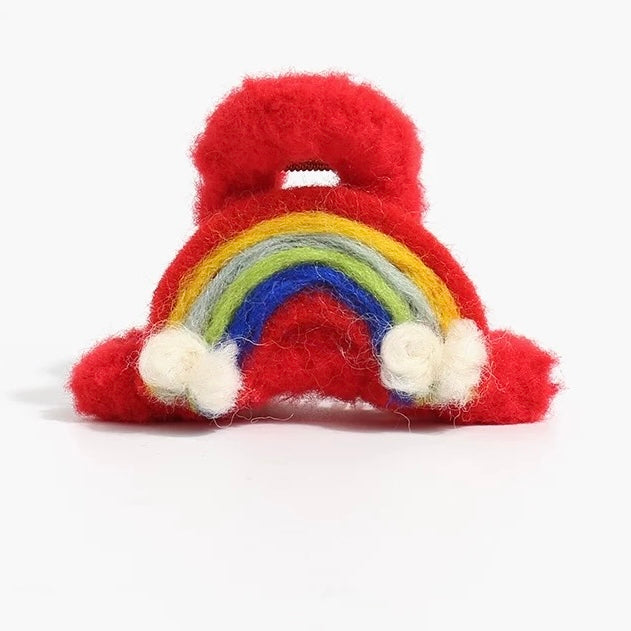 Fuzzy Rainbow Hair Claw Clip โ Colorful Soft Cloud Clasp for Girls, Cute UK Pride Accessory, Kawaii Hair Clamp