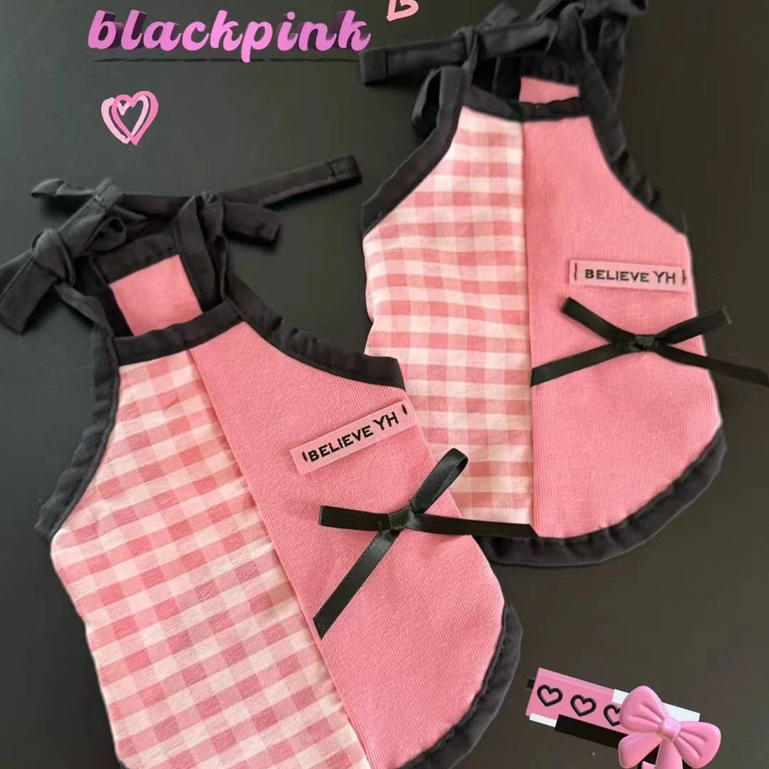 Blackpink Dog Dress โ Gingham & Pink Patchwork Puppy Clothes | Cute Pet Outfit for Small Dogs | Soft Summer Dog Apparel for Girls