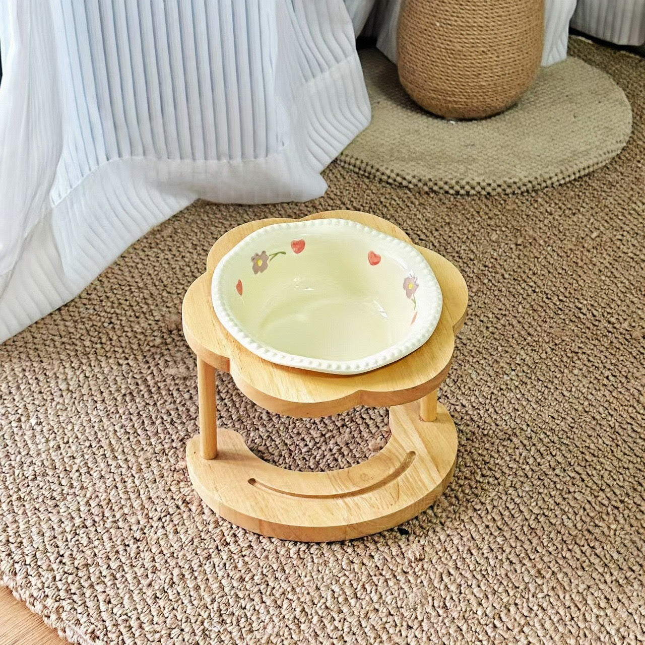 Ceramic Pet Bowl with Elevated Wooden Stand