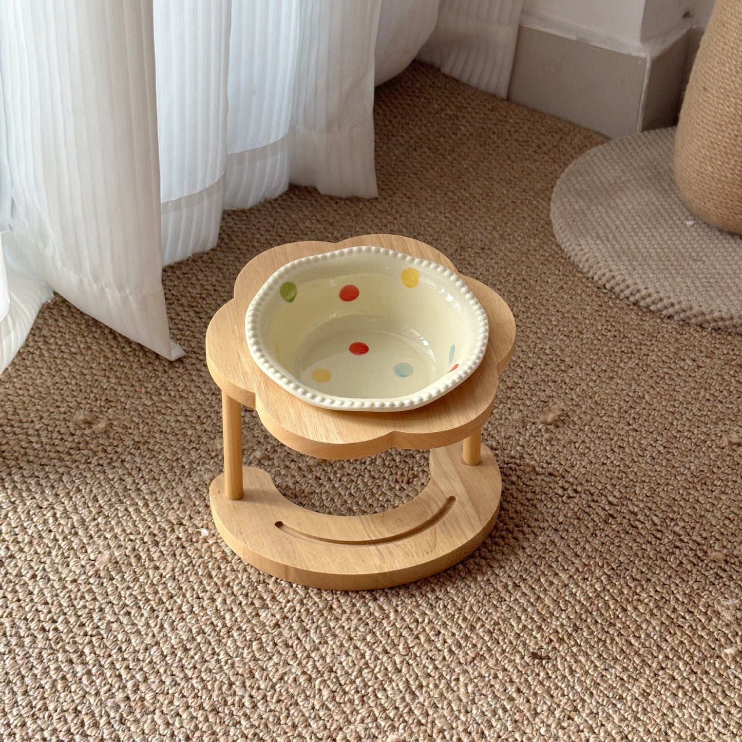 Ceramic Pet Bowl with Elevated Wooden Stand