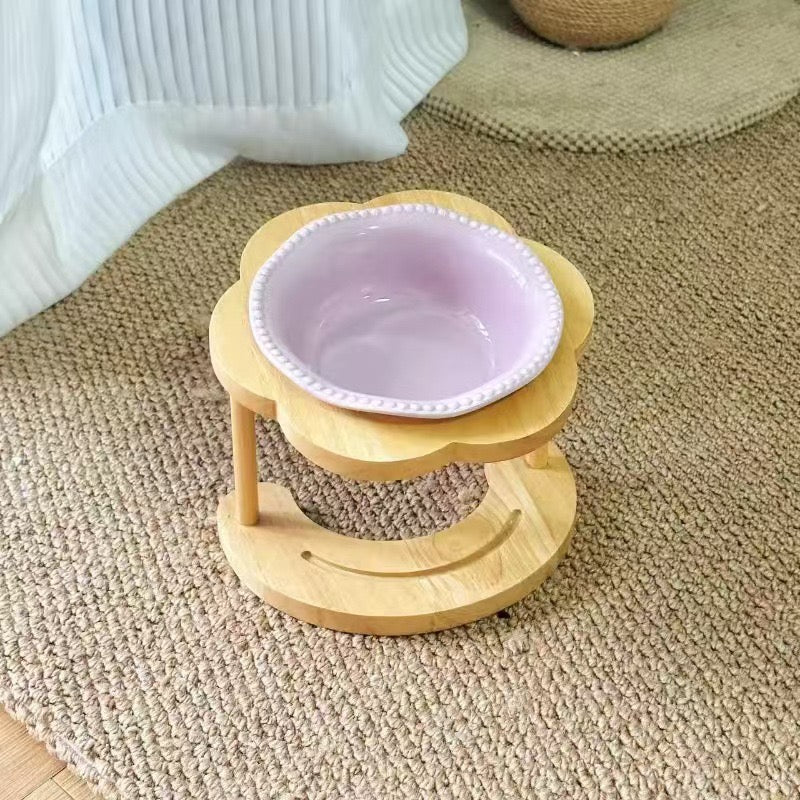 Ceramic Pet Bowl with Elevated Wooden Stand