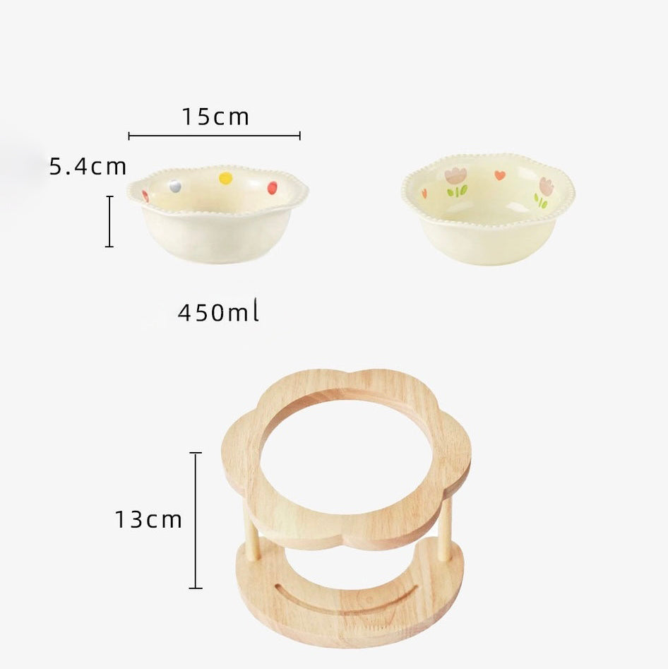Ceramic Pet Bowl with Elevated Wooden Stand