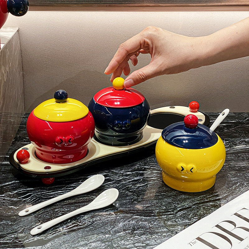 Ceramic Seasoning Jar Set with Tray & Spoon