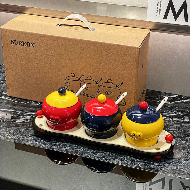 Ceramic Seasoning Jar Set with Tray & Spoon