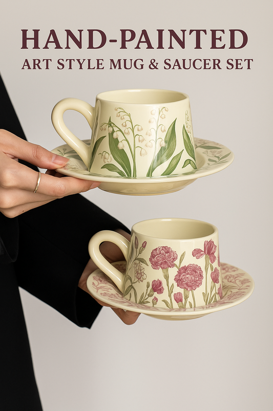 Hand-Painted Art Style Mug & Saucer Set