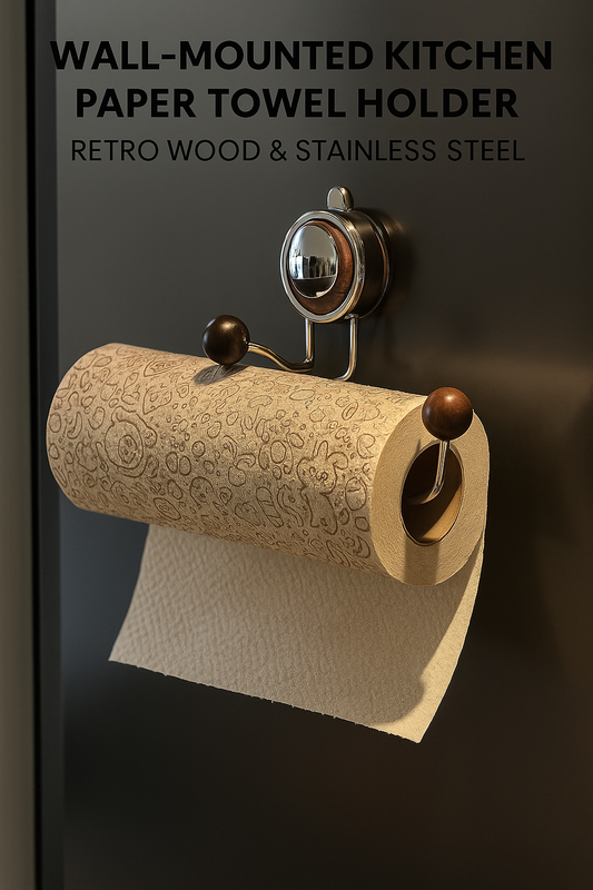 Wall-Mounted Kitchen Paper Towel Holder – Retro Wood & Stainless Steel