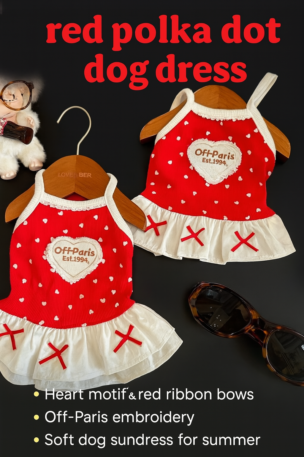 Red Polka Dot Dog Dress – Off-Paris Heart Embroidery Summer Pet Outfit | Cute Small Dog Skirt Dress for Girls