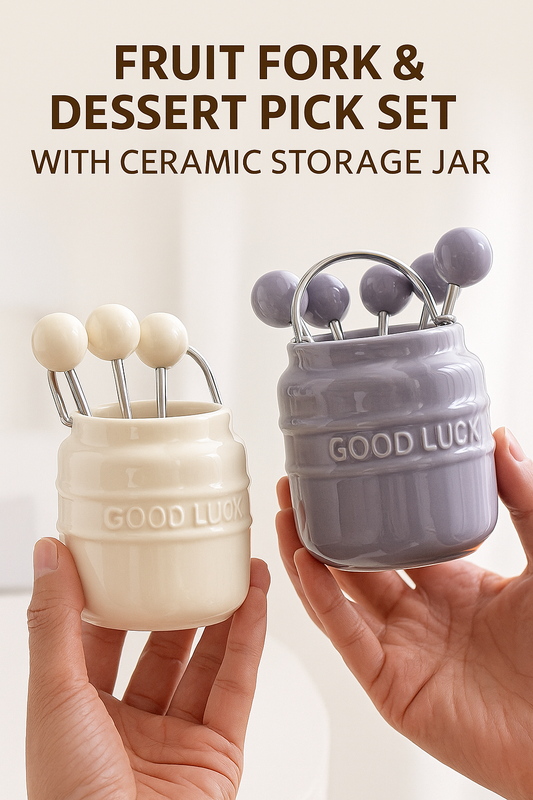 Fruit Fork & Dessert Pick Set with Ceramic Storage Jar