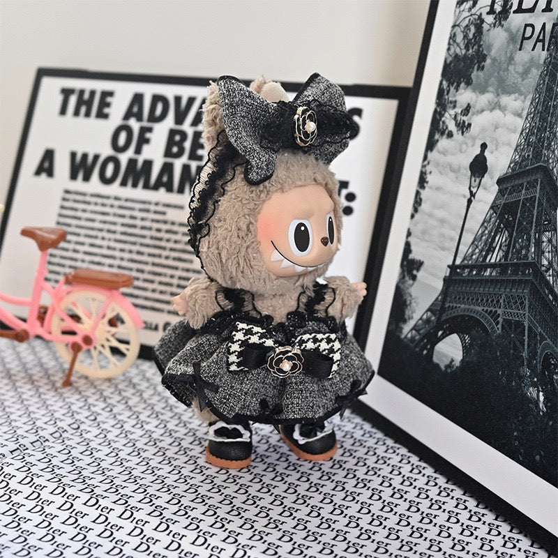 Elegant Black & White Tweed Dress for Labubu | Handmade 17cm Pop Mart Doll Clothes | Vintage Lolita Style Outfit | Doll Fashion Accessories