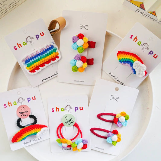 Handmade Rainbow Hair Clips and Ties Set – Crochet Colorful Hair Accessories for Girls, Cute Kawaii Gift, Pride Style