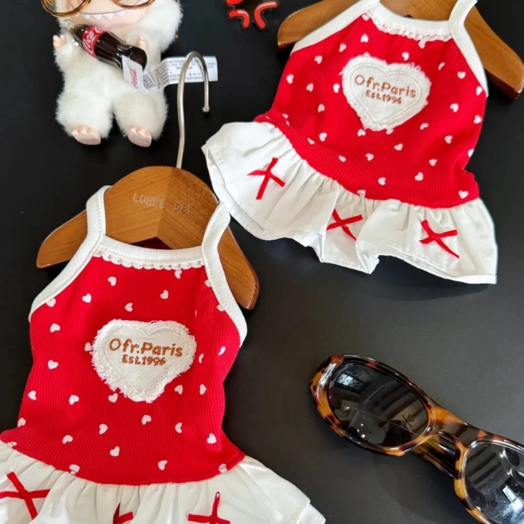 Red Polka Dot Dog Dress – Off-Paris Heart Embroidery Summer Pet Outfit | Cute Small Dog Skirt Dress for Girls