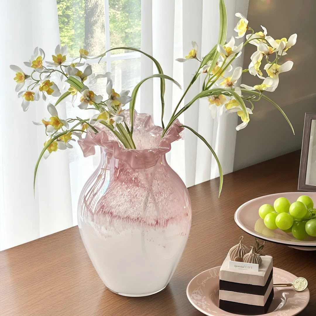Dopamine Pink Gradient Ruffled French Fenton Artistic Glass Vase