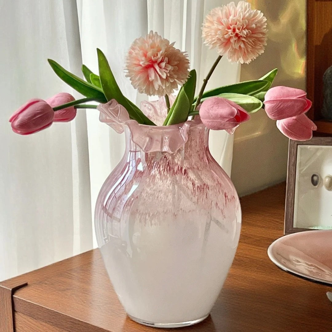 Dopamine Pink Gradient Ruffled French Fenton Artistic Glass Vase